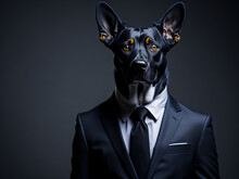 Portrait Of A Black Dog In A Business Suit On A Dark Background.