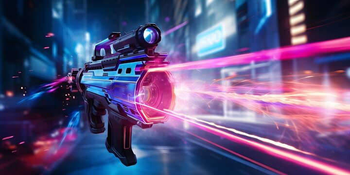 hi tech shotgun aiming at the target, technology concept. glowing pink blue lines and bokeh lights ,