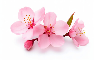 macro Pink cherry tree blossom, Bright pink cherry tree flowers isolated on white