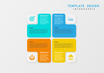 Wall Mural - infographic simple template 4 business project multiple squares with black and white letters In the corner there is a white button with an icon. gray gradient background
