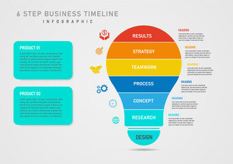 Infographic 6 Step Business Plan for Success Light bulb divided into multicolored segments middle white characters There is an icon on the left and a letter on the right. gray gradient background