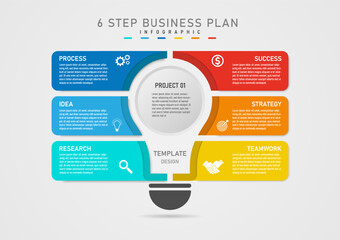 Wall Mural - 6 step business planning infographic The bulb is divided into sections. The middle button places letters. Left and right multicolored squares with letters and icons on a gray gradient background.