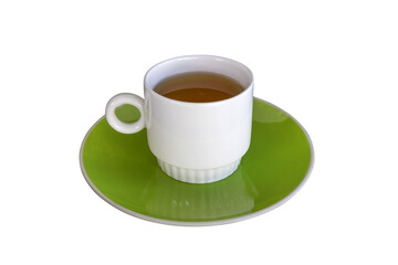 Wall Mural - White tea cup on green saucer isolated on white background. PNG