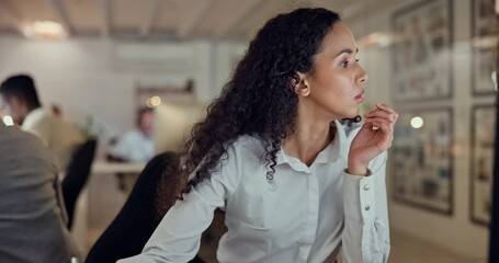 Sticker - Busy, night and woman typing with a computer for communication, admin or research online. Serious, overtime and a female employee with a pc for a business website and a deadline in a coworking office