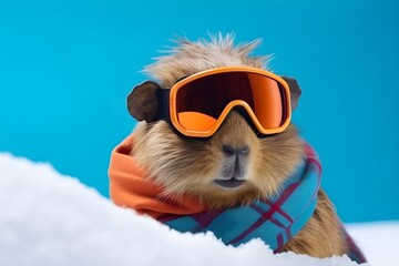 Capybara in snowglasses ski goggles on blue and snow background