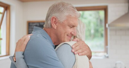 Wall Mural - Happy senior couple hug in home for love, care and grateful for bonding, support and trust together. Face, man and embrace woman for anniversary, retirement and thank you to partner in relationship