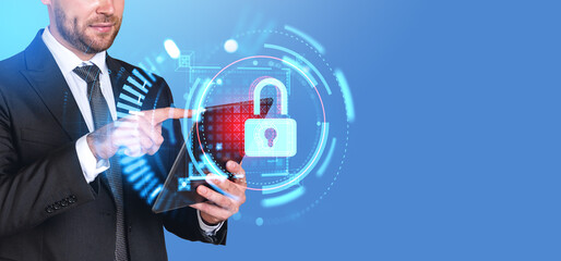 Poster - Businessman finger touch tablet in hand, padlock and online data protection