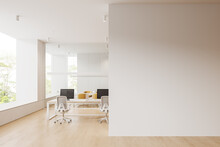 Office Interior With Workplace And Glass Meeting Room, Window. Mockup Wall
