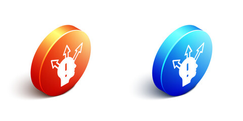 Poster - Isometric Project team base icon isolated on white background. Business analysis and planning, consulting, team work, project management. Orange and blue circle button. Vector