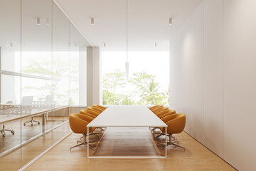 White and glass office meeting room with yellow chairs