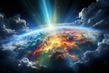 Wall Mural - wispy rainbow clouds gently drifting over a tranquil meadow, creating a dreamlike and ethereal atmos