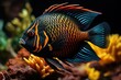 A close-up shot of a majestic angelfish swimming gracefully among the coral formations, its iridescent colors and intricate patterns creating a captivating display of beauty and elegance