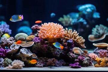 Wall Mural - A breathtaking shot of a coral reef at sunset, with the warm golden light casting a magical glow on the colorful fish and coral, creating a serene and ethereal underwater landscape