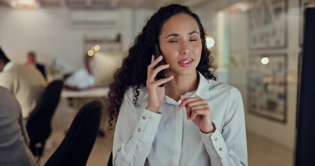 Poster - Phone call, computer and business woman in communication, job networking or feedback at news agency. Conversation, talking and young professional person or journalist on mobile and desktop at night