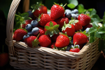 Poster - A photograph showcasing a picturesque picnic scene, with a basket filled with juicy fruits, inviting people to enjoy a delightful outdoor gathering in