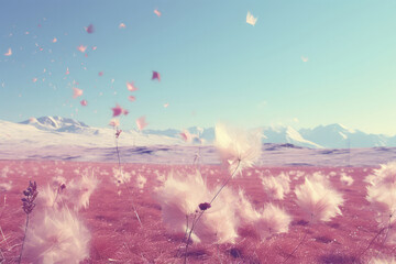 Wall Mural - wispy rainbow clouds gently drifting over a tranquil meadow, creating a dreamlike and ethereal atmos