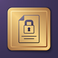 Poster - Purple Document and lock icon isolated on purple background. File format and padlock. Security, safety, protection concept. Gold square button. Vector