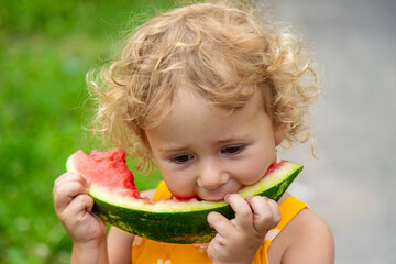 Poster - A child eats watermelon in the park. Selective focus.