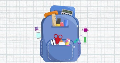 Poster - Animation of schoolbag icon over squared white paper background