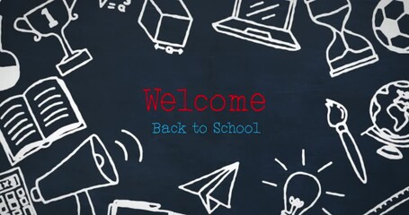 Poster - Animation of welcome back to school text and school icons over black background