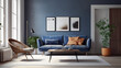 Dark blue sofa and recliner chair in scandinavian apartment. Interior design of modern living room. Created with generative