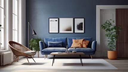 dark blue sofa and recliner chair in scandinavian apartment. interior design of modern living room. 