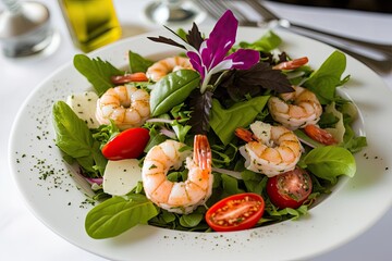 Sticker - delicious shrimp salad served on a white plate. Generative AI