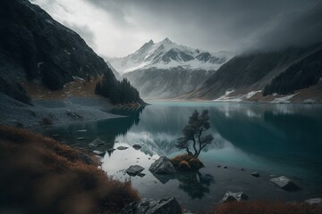 Canvas Print - serene mountain lake surrounded by majestic snow-capped peaks. Generative AI