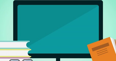 Poster - Animation of computer screen with copy space and school icons on green background