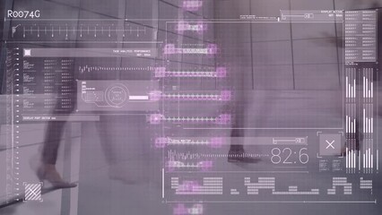 Poster - Animation of dna strand and data processing over businesspeople walking in office