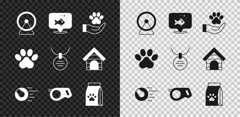 Wall Mural - Set Hamster wheel, Fish, Hands with animals footprint, Pet toys ball, Retractable cord leash, Bag of food for pet, Paw and Collar name tag icon. Vector