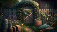 Barrels In A Vineyard And Green Plang Gate