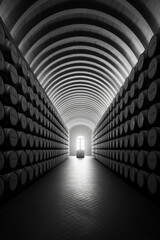 Poster - A black and white photograph of a wine cellar filled with neatly stacked wine barrels, creating a visually stunning and atmospheric scene.  Generative AI technology.