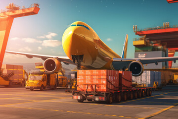 Poster - An image of a cargo plane being loaded or unloaded with containers, emphasizing the important role of air transport in global trade. Generative AI technology.