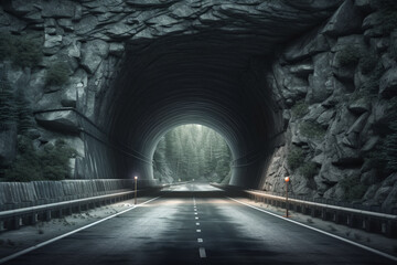 Poster - An architectural photograph of an iconic tunnel, with the road disappearing into darkness, creating a sense of mystery and anticipation.  Generative AI technology.