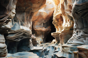 Fototapete - A close-up photograph of an underground cave with intricate rock formations, showcasing the beauty and wonder of nature's creations.  Generative AI technology.