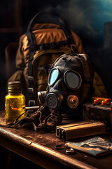 Poster - An image of a gas mask displayed on a table alongside other survival gear, creating a sense of preparedness and urgency.  Generative AI technology.