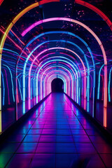 Aufkleber - A night-time image of a tunnel with color-changing LED strips lining the walls, casting a beautiful and immersive glow.  Generative AI technology.