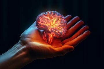 Poster - An artistic representation of a hand with a glowing brain in its palm, symbolizing the power of thought and the potential of human ingenuity.  Generative AI technology.