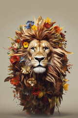 Fototapete - A conceptual image of a Lion made from unconventional materials, such as flowers or feathers, challenging the perception of Lions as solely utilitarian objects.  Generative AI technology.