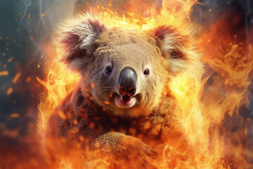 Aufkleber - A digital illustration of a Koala engulfed in flames, symbolizing destruction, chaos, or revolution. Generative AI technology.