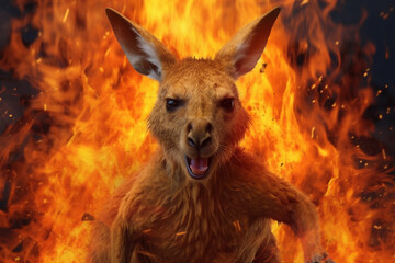 Poster - A digital illustration of a Kangaroo engulfed in flames, symbolizing destruction, chaos, or revolution.  Generative AI technology.