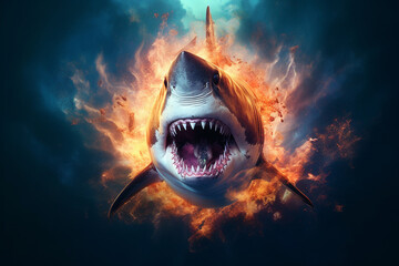Fototapete - A digital illustration of a Shark engulfed in flames, symbolizing destruction, chaos, or revolution.  Generative AI technology.