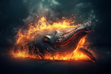 Poster - A digital illustration of a Whale engulfed in flames, symbolizing destruction, chaos, or revolution.  Generative AI technology.
