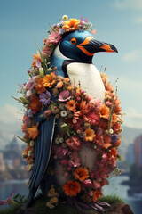 Fototapete - A conceptual image of a Penguin made from unconventional materials, such as flowers or feathers, challenging the perception of Penguin as solely utilitarian objects.  Generative AI technology.