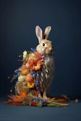 Poster - A conceptual image of a Rabbit made from unconventional materials, such as flowers or feathers, challenging the perception of Rabbit as solely utilitarian objects.  Generative AI technology.