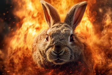 Poster - A digital illustration of a Rabbit engulfed in flames, symbolizing destruction, chaos, or revolution.  Generative AI technology.