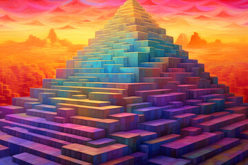 Aufkleber - An abstract representation of a Sumerian ziggurat, with geometric shapes and vibrant colors. Generative AI technology.