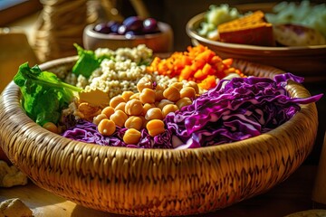 Poster - wooden bowl filled with colorful and healthy food options. Generative AI