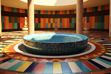 Poster - An abstract depiction of the iconic Great Bath of the Indus Valley Civilization, with geometric patterns and soothing hues. Generative AI technology.